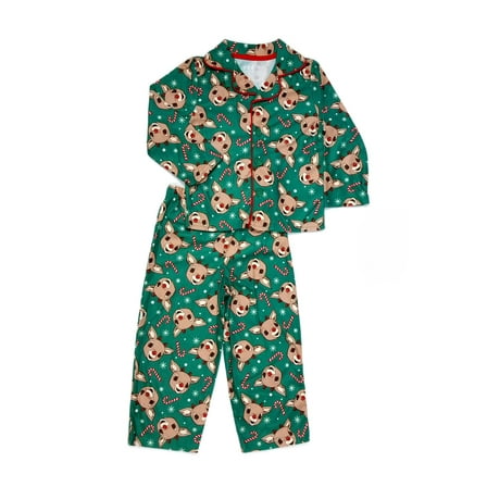 Rudolph Toddler Boy's Christmas Holiday Green Button-Down Pajama Set, Size 4T