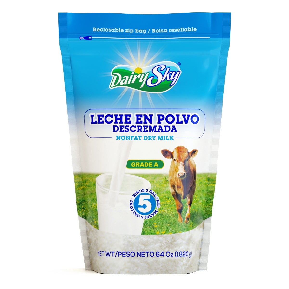 DairySky Nonfat Dry Milk Powder, Original Flavor, Grade a Skim Milk, Resealable Pouch, 64 oz (1 pack) | Leche En Polvo Descremada