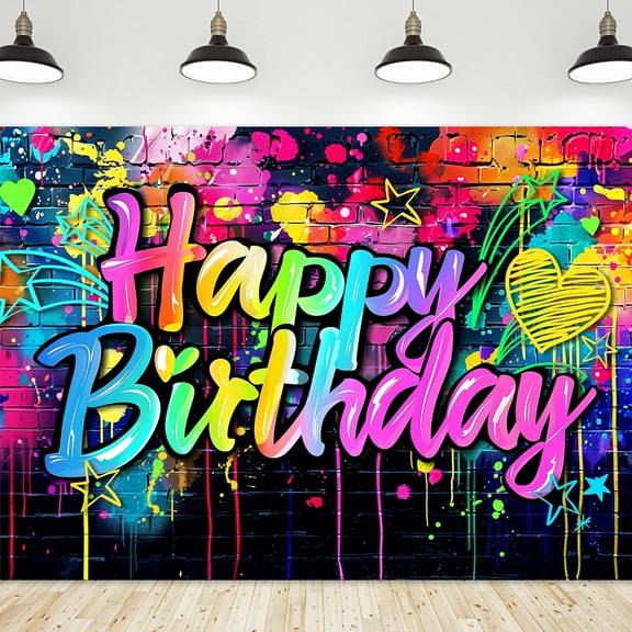 Neon Happy Birthday Beautiful Backdrop Polyester Fabric Funny Colorful Glow in The Dark Graffiti Brick Wall Splatter Cool Boys  Modern Photography Background Birthday Photo Studio Shoot
