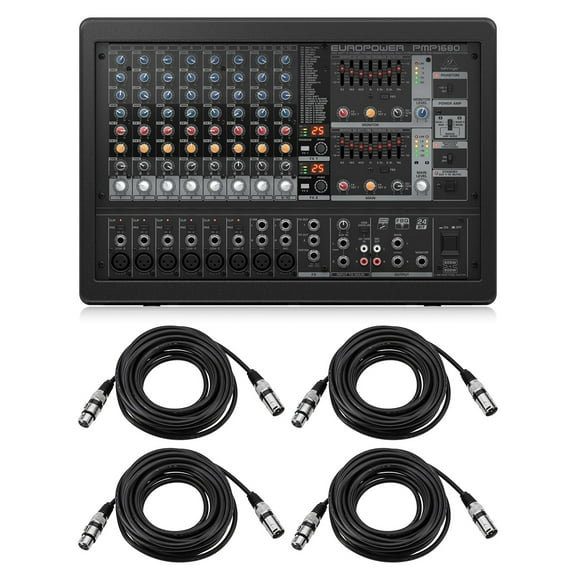 Behringer EUROPOWER PMP1680S 1600W 10-Channel Powered Mixer, Bundle with 4x 25' Value Series XLR Male to Female Microphone Cable