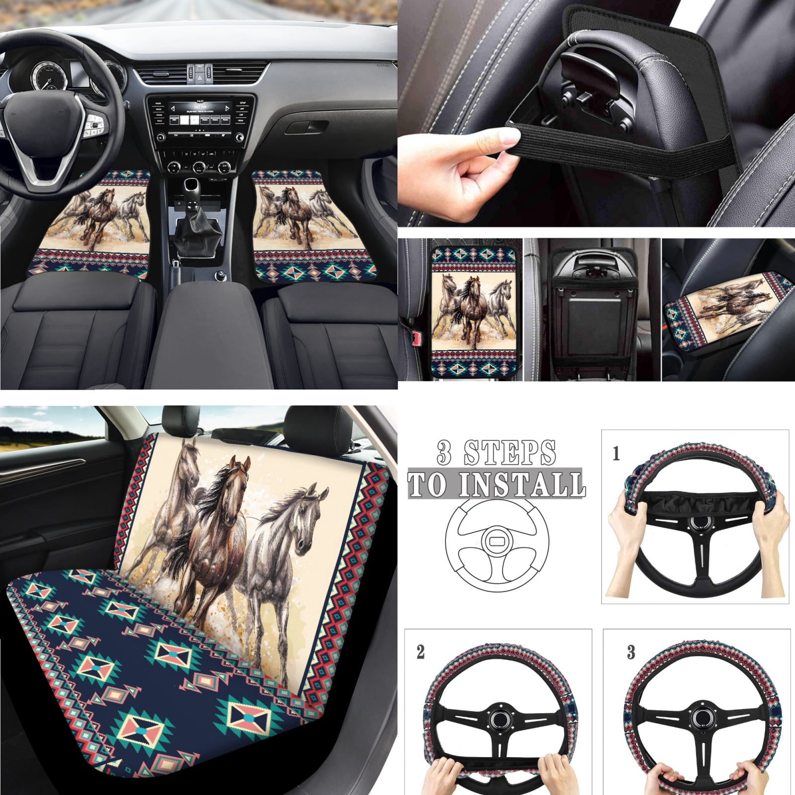 Jeiento Aztec Western Horse Automotive Seat Covers Full Set of 17 Car Front Rear Seat Covers Floor Mats Car Steering Wheel Cover Armrest Cover Coasters Keychains Universal Fit for Most Vehicles
