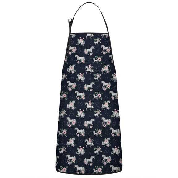 Blue Cartoon Unicorn Flower Pattern Apron-Garden Aprons for Women with Pockets-Cotton Linen Waterproof Kitchen Cooking Gardening Aprons Adjustable for Kitchen,Cooking,BBQ and Salon 33x27 Inch