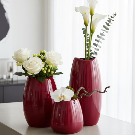 Red Ceramic Vase Set of 3, Modern Decorative Vases for Table, Shelf or