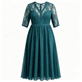 thumbnail image 5 of Women's Teal Floral Lace Chiffon Midi Dress Deep V Neck Half Sleeve High Waist Flowy A-Line Wedding Dress, 5 of 6