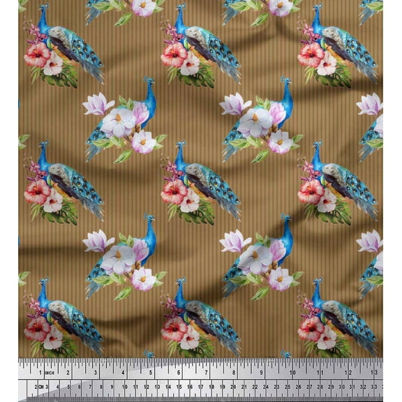 Soimoi Brown Cotton Duck Fabric Stripe,Pink Floral & Peacock Bird Print Fabric by Yard 42 Inch Wide
