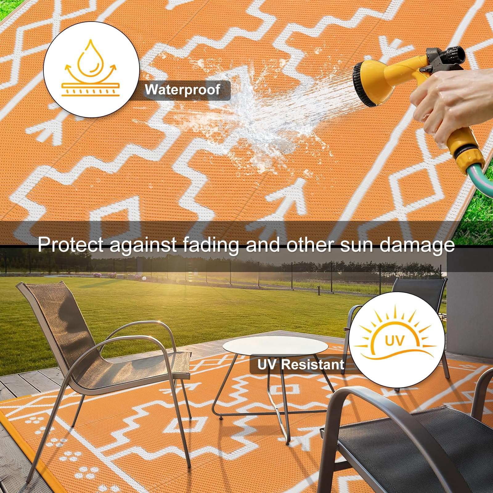 Wonnitar 6x9 Outdoor Rug Waterproof, Plastic Straw Rugs for Outside, Large Portable RV Outdoor Carpet, Orange Boho Rug for Picnic Garden Patio
