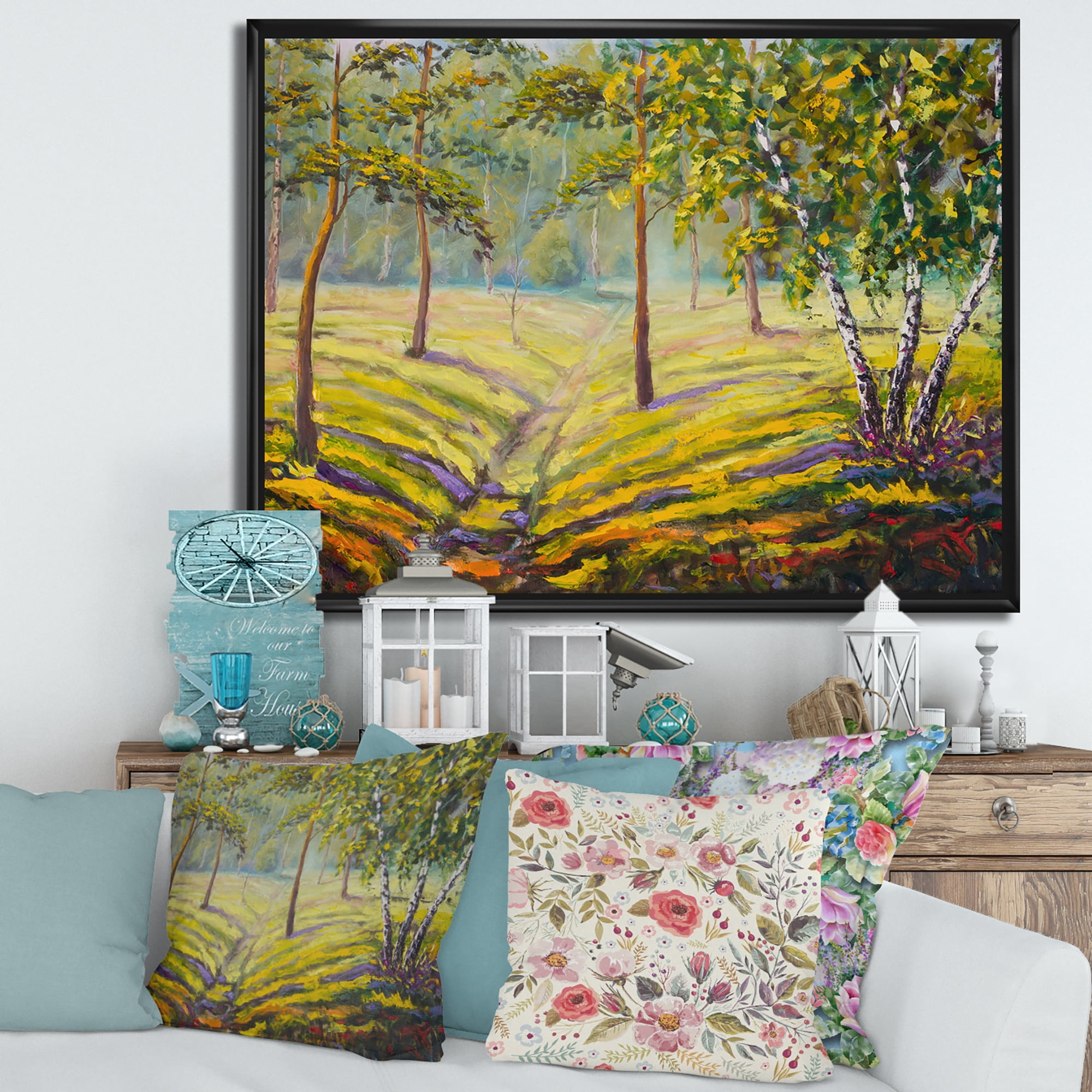 Designart 'Bushes and Pine Trees In The Forest II' Traditional Framed Canvas Wall Art Print