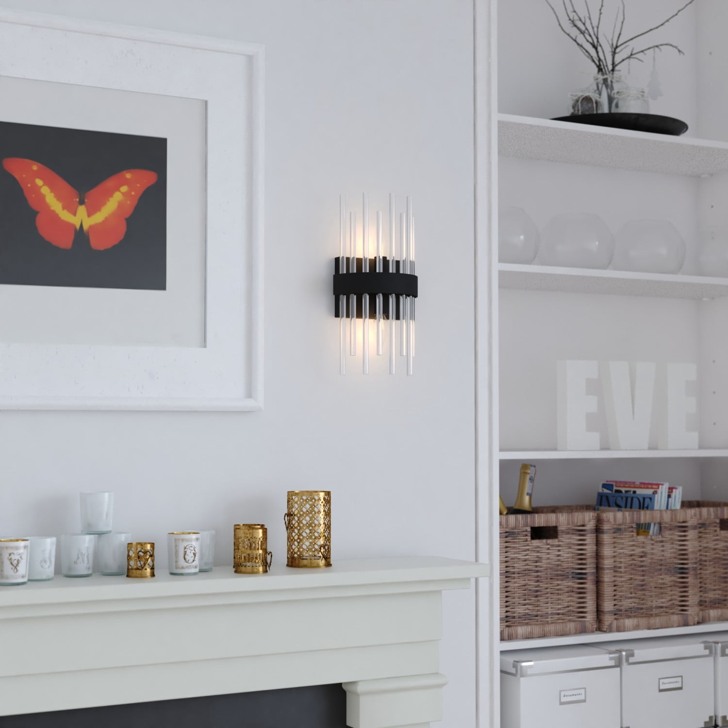 Delevan 2-Light 7.25 in. Wide Matte Black Modern Contemporary Wall Mounted Sconce with Clear Glass Rod Shade, Dimmable, LED Compatible, Metal Bathroom Vanity Lighting Fixture