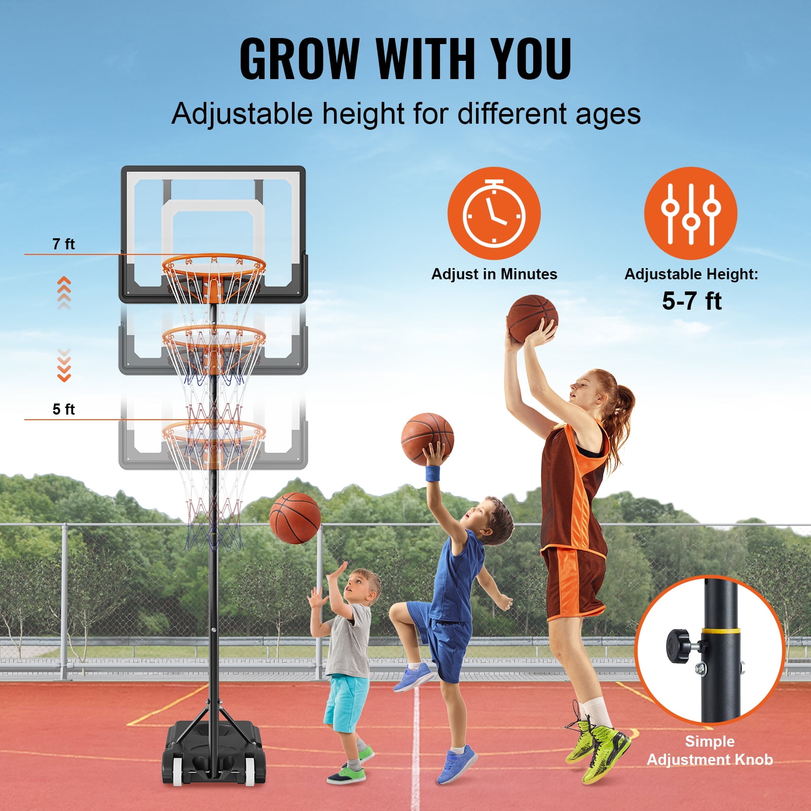 KFFKFF 32 Inch Basketball Hoop 5-7 Feet Adjustable Height Premium PC Backboard Portable Basketball Hoop Goal System with Wheels for Teenagers Indoor Outdoor Basketball Game