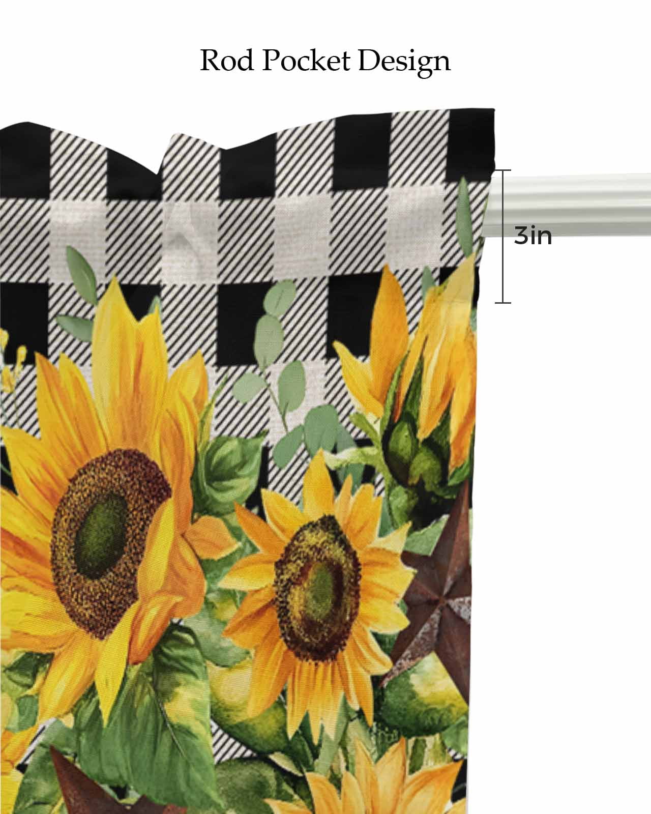 Sunflower Kitchen Valances for Windows Farmhouse Linen Window Valance Curtain for Living Room Window Treatment Rustic Brown Country Star Black Checkered Valance Rod Pocket Topper Drape, 42 x 12 Inch