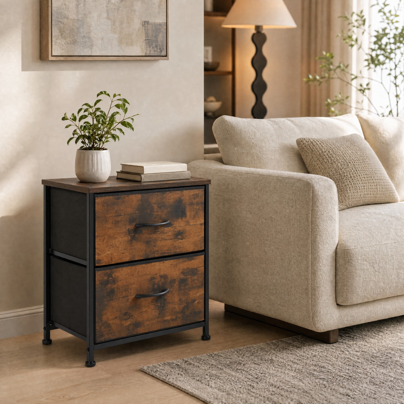 Telyra Fabric Nightstand with 2 Drawers 20" Bedside Table with Wood Top and Steel Frame Small Storage Organizer, Rust