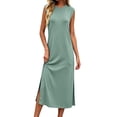 thumbnail image 3 of Wedding Guest Dresses for Women Solid Color Round Neck Sleeveless Maxi Dress with Pockets and Side Slits Fashion Outfit M, 3 of 7