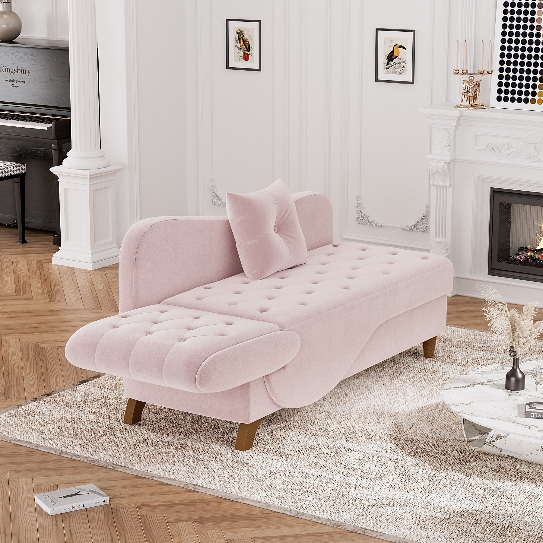 Wiilayok Chaise Lounge Indoor Furniture with Storage,Adjustable Sleeper Sofa Lounge Chair,Velvet Futon Couch Bed,Pink