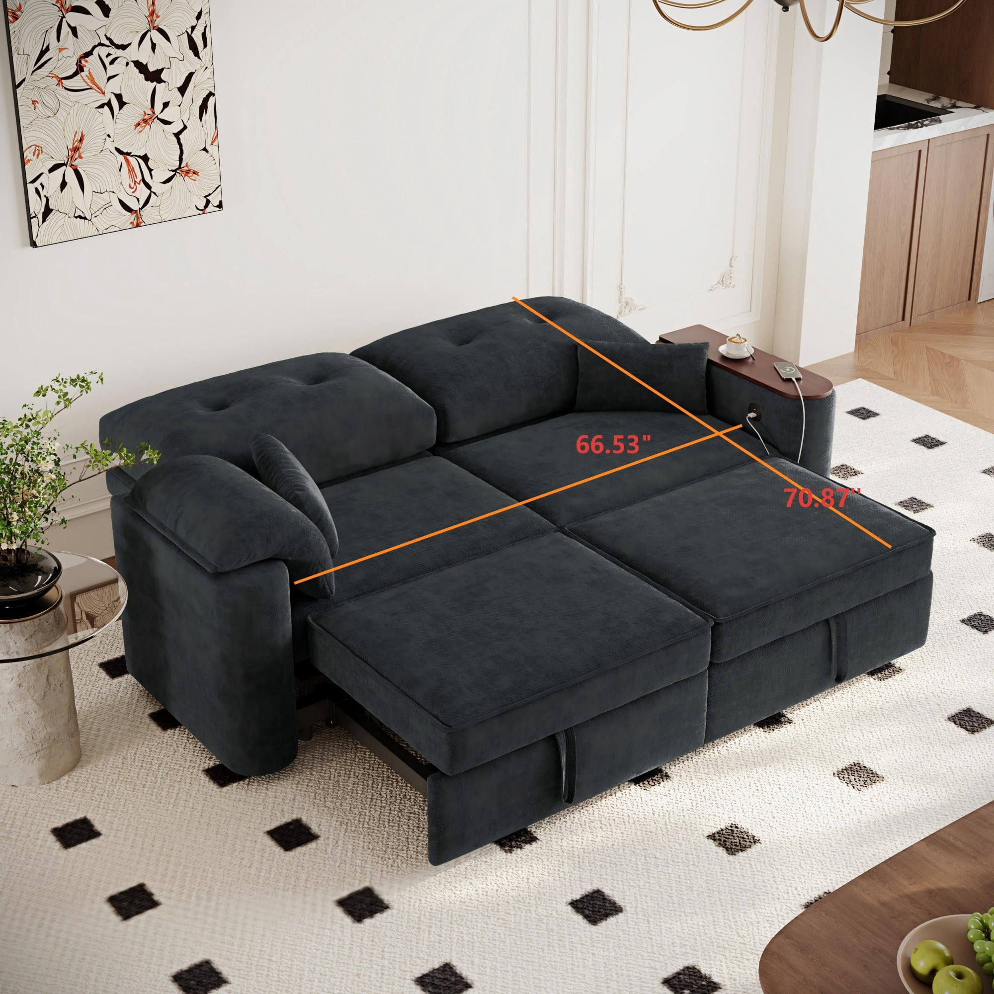 DEALTOPS 82" Chenille 3-in-1 Convertible Sleeper Sofa Bed with 270° Swivel Table & USB Ports, Black
