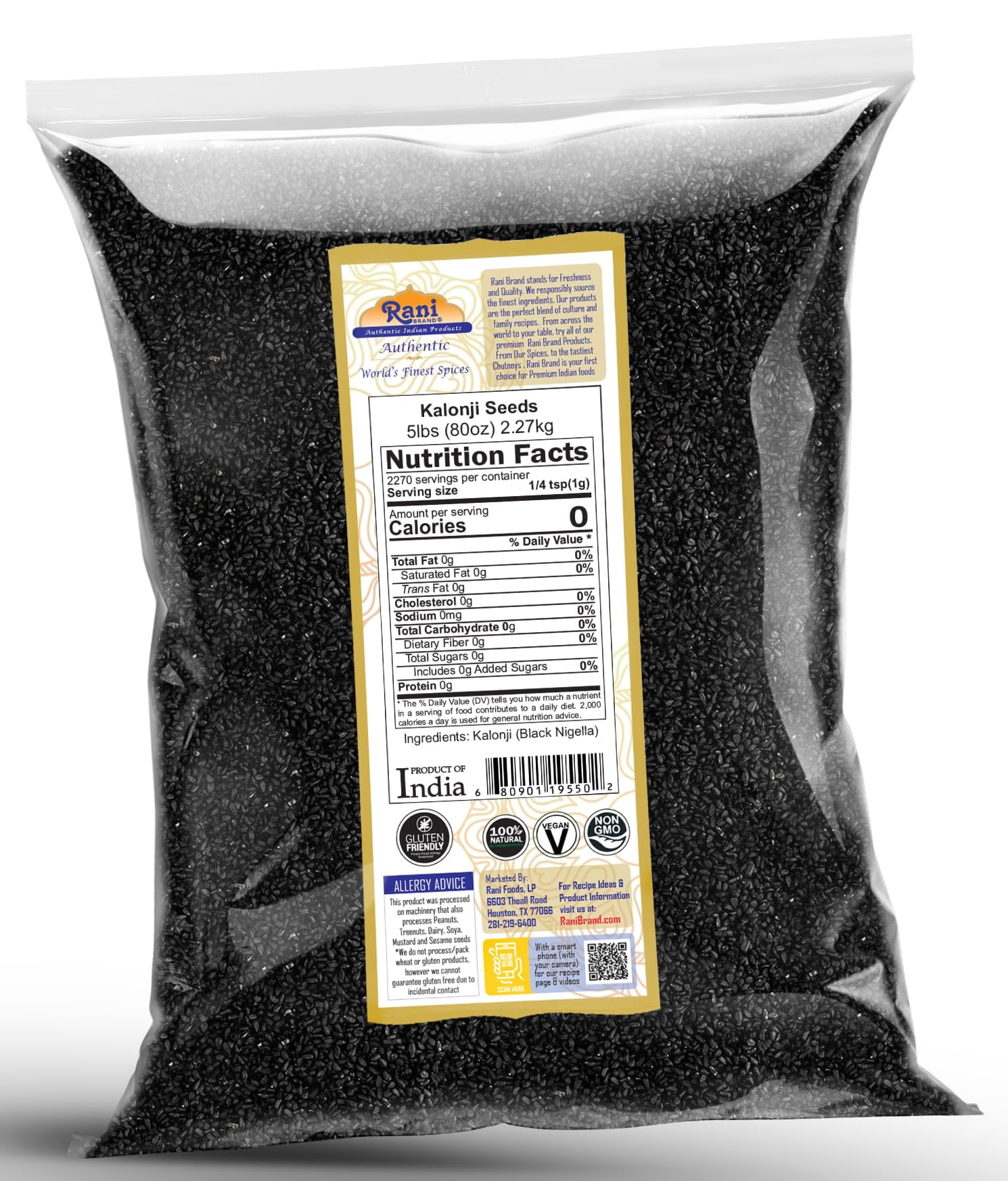 Rani Kalonji Seeds Whole Spice (Black Seed, Nigella Sativa, Black Cumin) 80oz (5lbs) 2.27kg ~ All Natural | Gluten Friendly | NON-GMO | Kosher | Vegan | Indian Origin