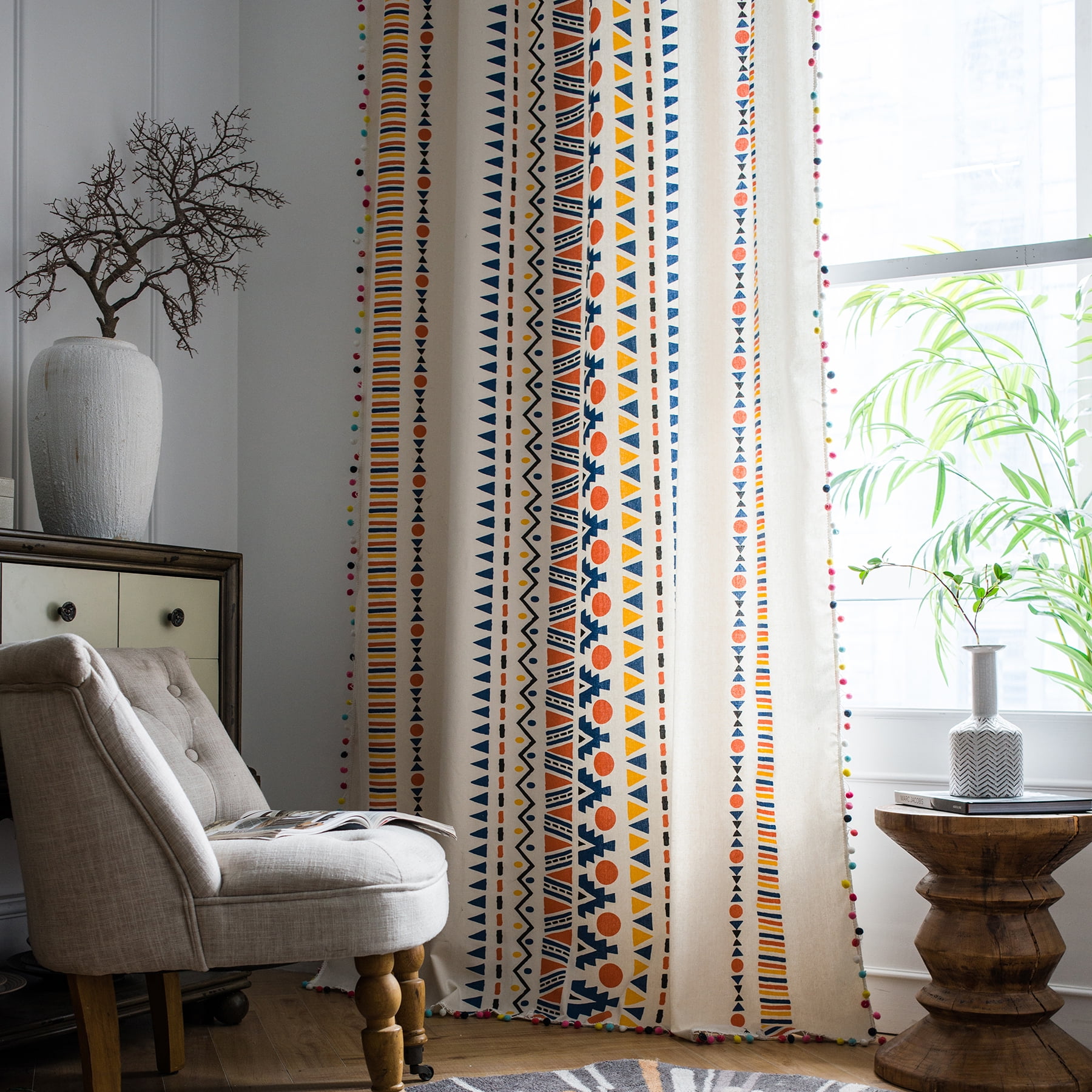 VOGOL Cotton Linen Pom-Pom Tasseled Curtains, Farmhouse Geometric Pattern Curtain for Sliding Door Dining Room, 59 x 63 Inches, Rod Pocket, Multi-Color, 1 Panel