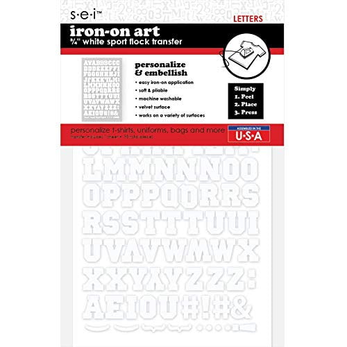 S.E.I. .75 Inch Ironon Tshirt Letters, Sport Letter Flock Heat Transfers, White