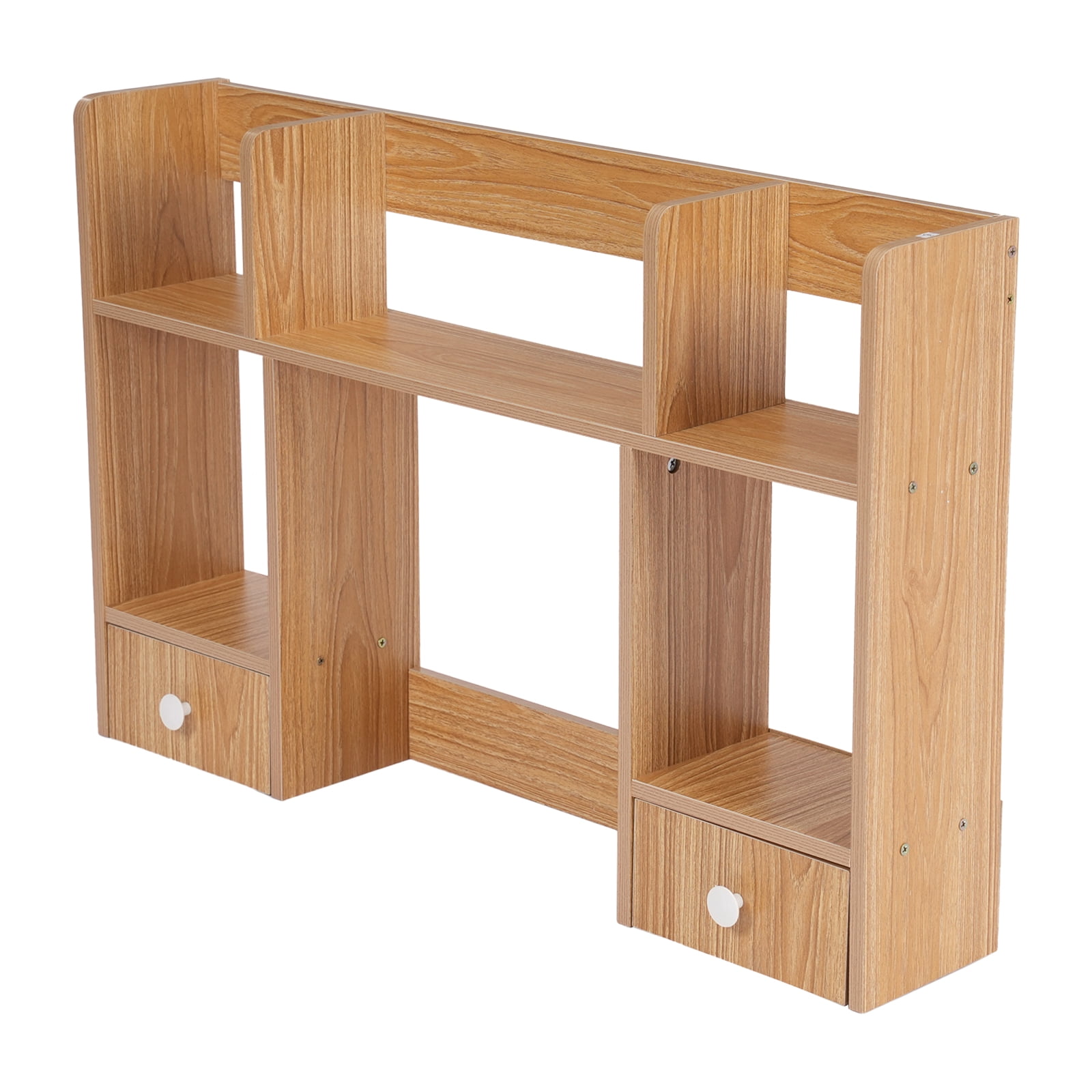 2 Drawers Desktop Storage Shelf Rack Office&Home Desk Hutch Books Display Shelf Rack Desk Shelf Desk Storage Organizer Bookshelf Wood Desk for Computer Desk - Rubber Wood Color