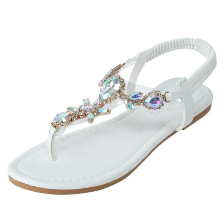 

Womens Flat Sandals Fashion Rhinestone Elastic Band Flip Flops Outer Beach Shoes White 41