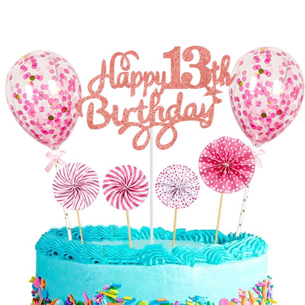 Abanico de flores de papel rosa de 5 pulgadas con lentejuelas y globos para decorar tartas de feliz cumpleaños con papel brillante