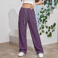 thumbnail image 2 of Hurxie Womens High Waist Cargo Pants Y2K Wide Leg Cotton Baggy Hiking Pants Lightweight Elastic Waist Trousers with Pockets Purple,M, 2 of 6