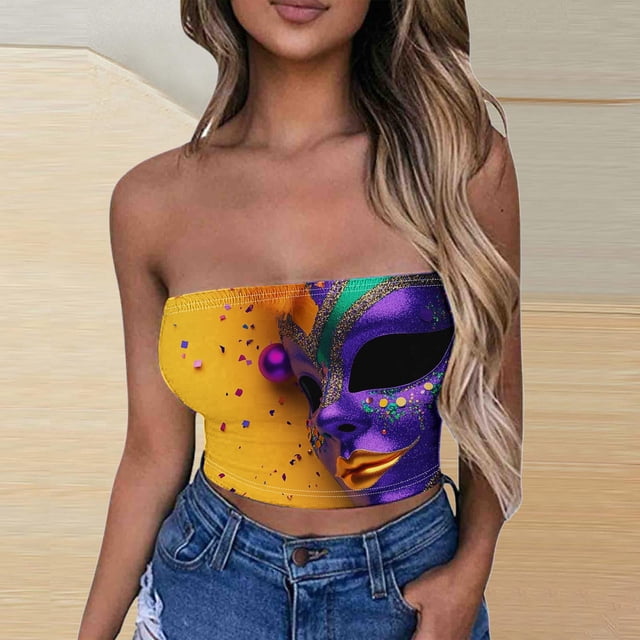 TIMIFIS Mardi Gras Femmes Hauts Courts Sans Bretelles Grande Taille Mode Carnaval Imprimé Sans Manches Tops de Fête