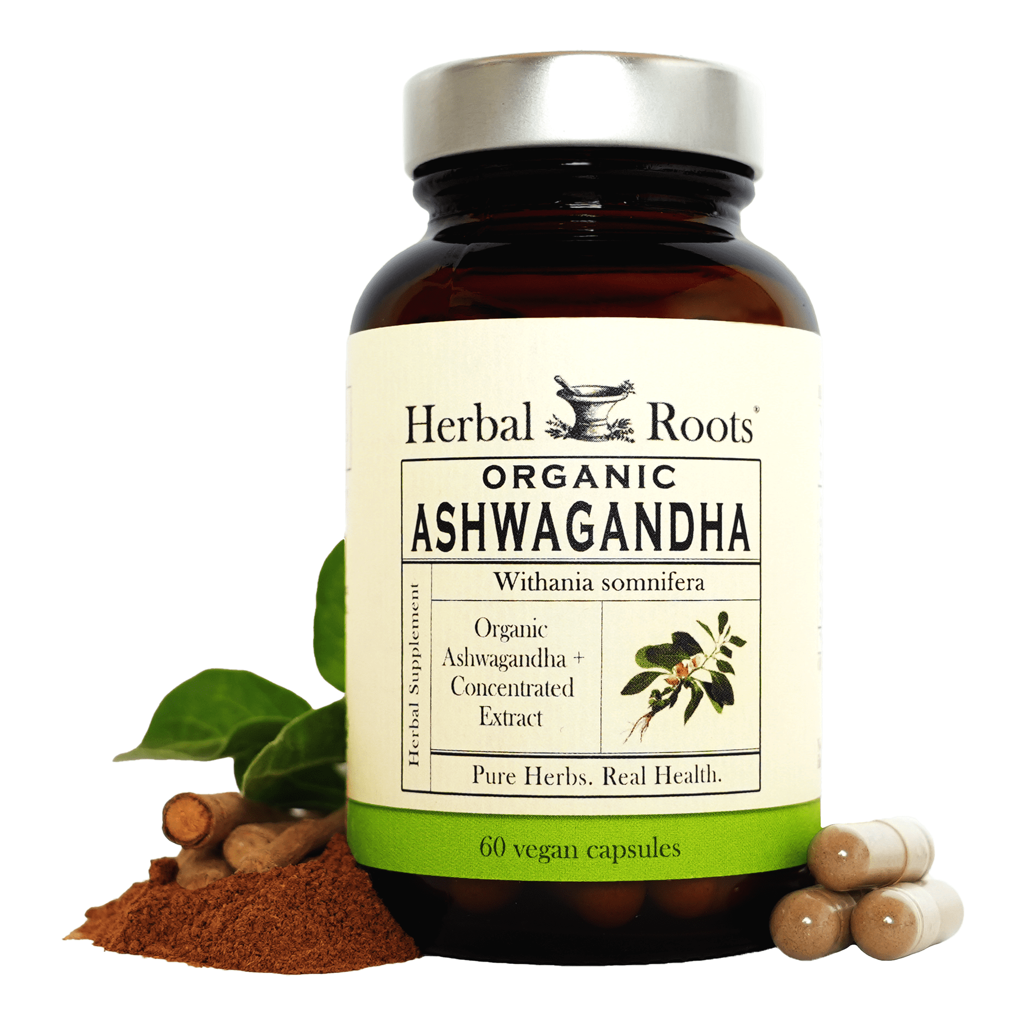 Herbal Roots Organic Ashwagandha Capsules - Ayurverdic for Overall Health for Men and Women - 60 Organic Vegan Capsules