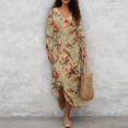 thumbnail image 4 of COEQINE Women's Office Casual Dress 3/4 Sleeve Wrap V-Neck Long Dresses Linen Look Loose Fit Midi Tunic Sundress for Work, Machine Washable, Size XL, Vintage Bird Rose Floral, 4 of 6