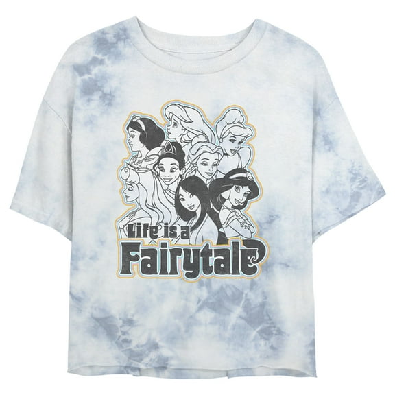 Junior's Disney Black and White Princesses Life is a Fairytale Crop Graphic Tee White/Blue Medium
