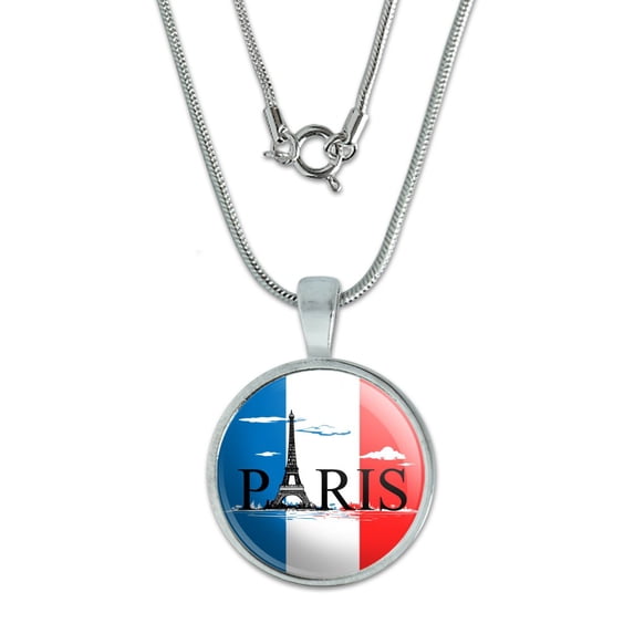 Paris France Eiffel Tower and Flag with Clouds 0.75" Pendant with Sterling Silver Plated Chain