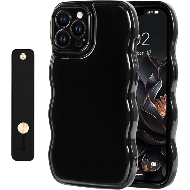 UTAH-Compatible with iPhone 15 Pro Max Case Cute Simple Wave Design Stylish Wavy Curly Frame with Wrist Adjustable Hand Strap Kickstand Grip Holder Soft Silicone Protective Cover - Black