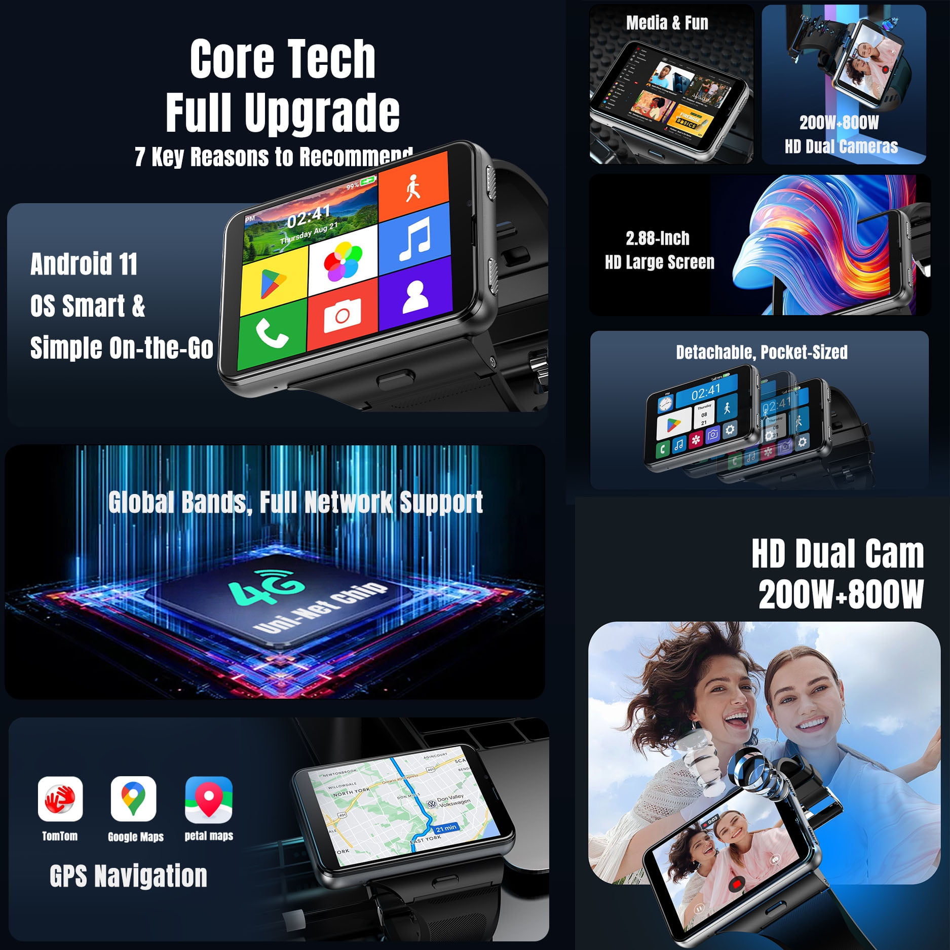 AIEK S999 Plus 4G Smart Watch SMTK6761 Android 11.0 OS 2.88" Screen 2MP/8MP Dual Camera 4GB RAM 64GB ROM 2300mAh BT GPS WiFi Phone Call Men Smartwatch Women Clock