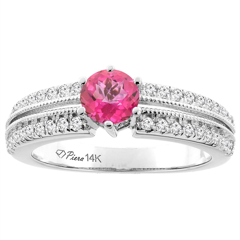 14K White Gold Natural Pink Topaz & Diamond Ring Round 6 mm, size 5 by Gabriella Gold