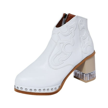

KBKYBUYZ Embroidered Thick Heel Women s Boots With Side Zipper Short