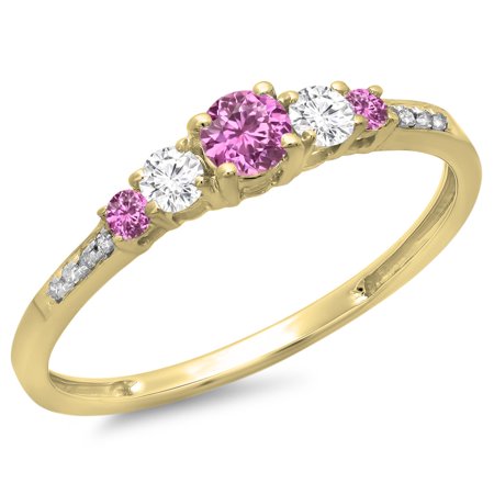 Sapphire Five Stone Ring - 14K Gold Round Cut Pink Sapphire & White Diamond Ladies Bridal 5 Stone Engagement Ring