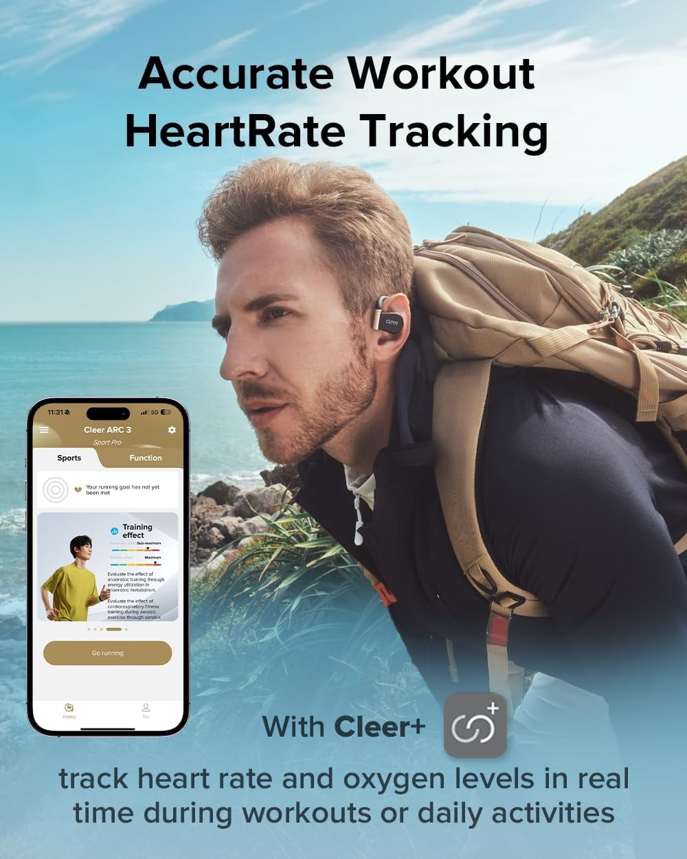 Cleer Arc3 Sports Pro Open Ear Headphones, Dolby Audio True Wireless,40Hr Battery, BT 5.4, IPX7, Heart Rate Monitoring, Smart Case, Comfort Fit, Black