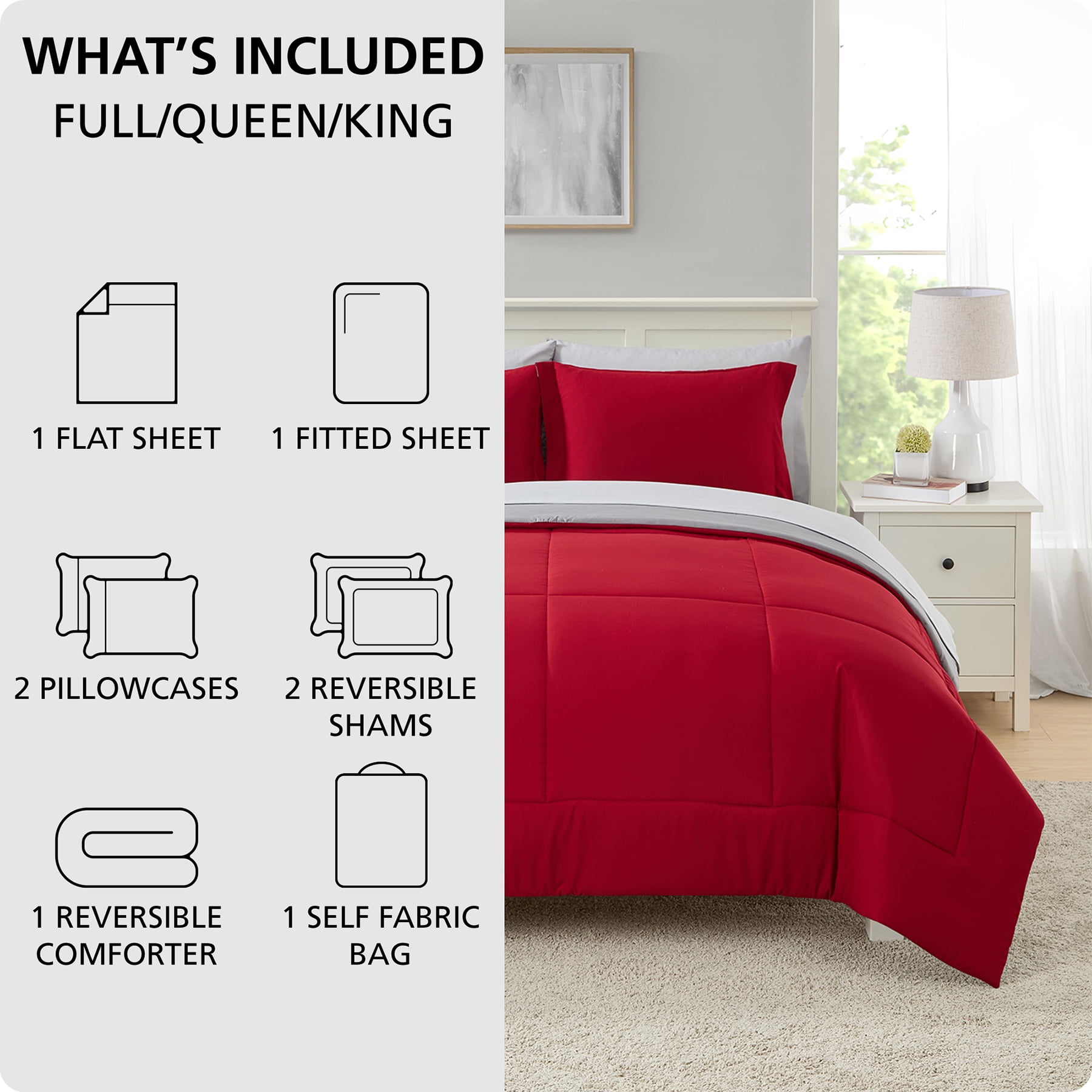 Mainstays 7-Piece Reversible Comforter and Sheet Set, Full, Red