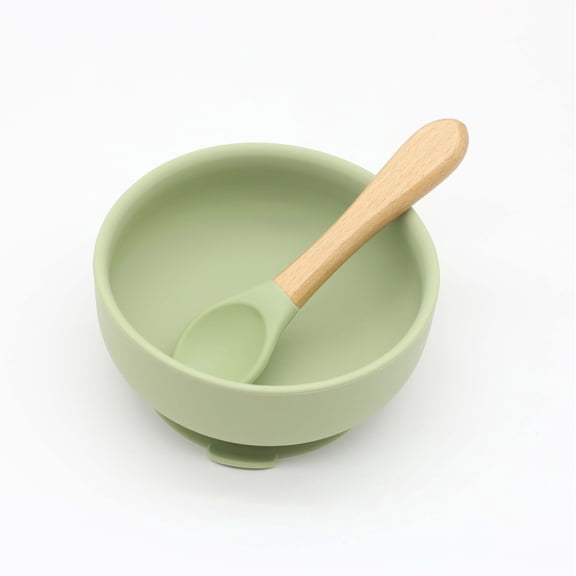 Silicone bowl with suction cup, wooden handle spoon, two-piece set for baby food and feeding utensils
