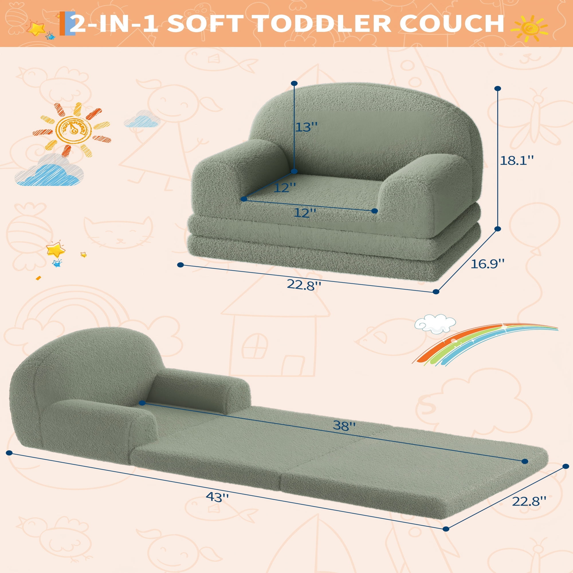 COZONY 2-in-1 Kids Sofa Chair, Convertible Toddler Couch Lounger, Fold-Out Teddy Fleece Sofa Bed