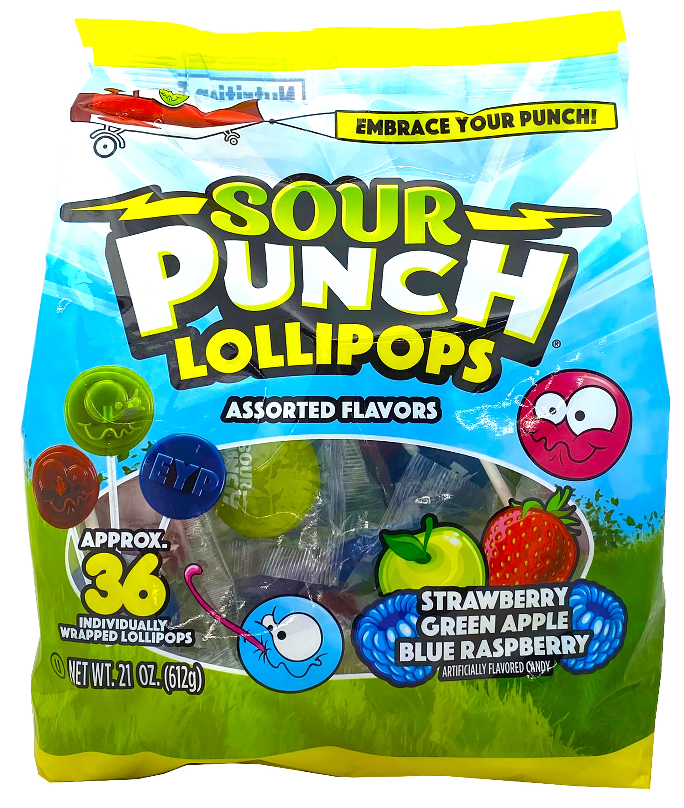 Sour Punch Lollipops Sour Fruit Flavors Strawberry, Green Apple, Blue