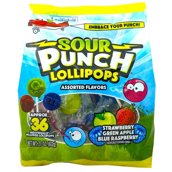 Sour Punch Lollipops Sour Fruit Flavors  Strawberry, Green Apple, Blue Raspberry Sour Lollipops, Sour Punch Pops  Individually Wrapped 36 Count