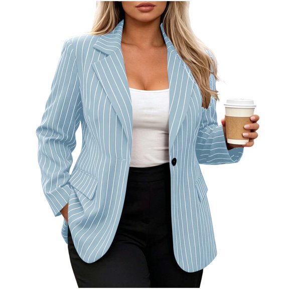 cocolona Womens Striped Button Blazers Long Sleeve Lapel Open Front Suit Jackets Work Office Casual Suit Coat