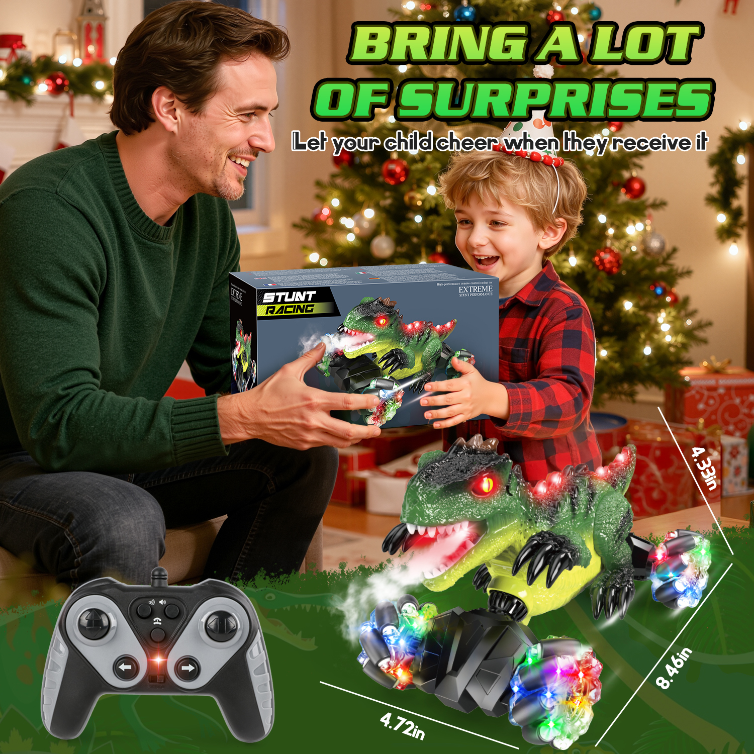 UUSUOO Dinosaur Remote Control Car, 4WD Rechargeable RC Stunt Car with Spray, LED Lights, Music, 360° Rotation, 2.4GHz Remote Control Dinosaur Monster Truck Gift
