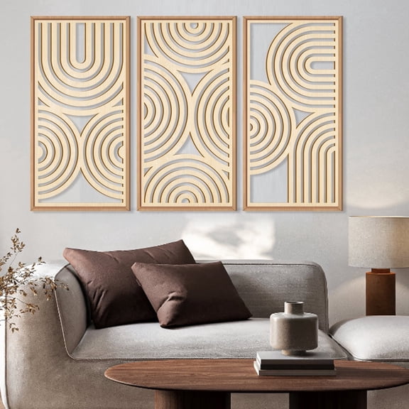 HPNIUB Boho Wooden Framed Wall Art Mid-Century Modern Abstract Geometric Decor Minimalist Set of 3 for Living Room Bedroom Office 16x32 Inch
