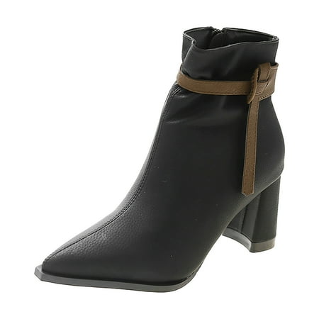

SEMIMAY Fashion Women Solid Color Keep Warm Winter Thick Sole Square Heels Zipper Short Booties Pointed Toe Shoes Black