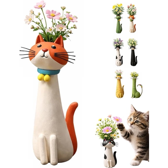 Cat Vase Planter, Cute Cat Figurine Flower Pot, Quirky Unique Cat Vase for Flowers, Decorative Planters for Indoor Plants, Funny Home Decor Gift for Cat Lovers