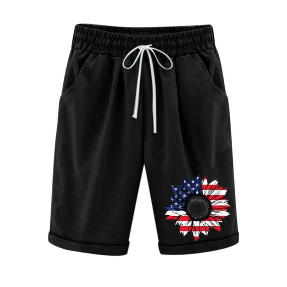 WREESH Summer Casual Shorts for Women 4th of July Print Elastic Waist with Pockets Lightweight Shorts Black