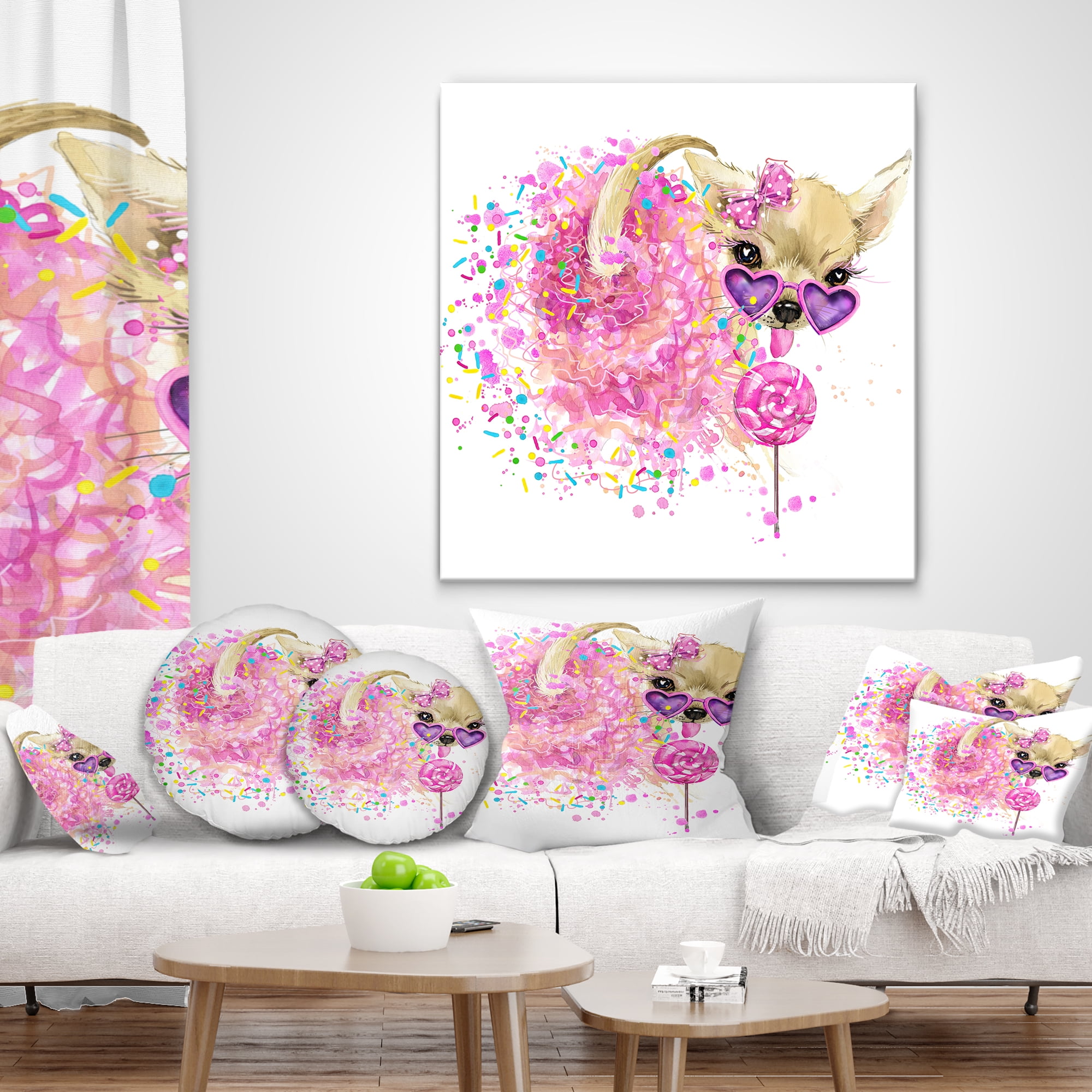 Designart Sweet Pink Dog with Glasses - Animal Throw Pillow - 16x16
