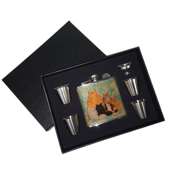 KuzmarK 6 oz. Leather Flask Set in Black Presentation Box -  Maine Coon Kitty Family Mama and Four Kittens Abstract Cat Art by Denise Every