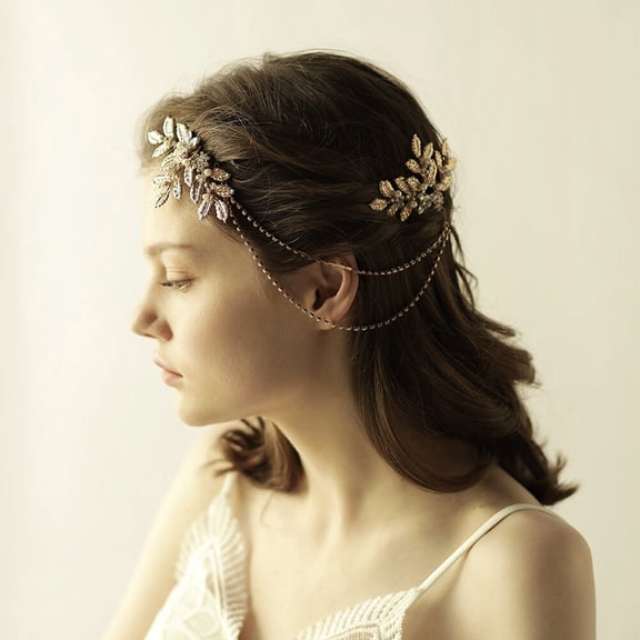 PAMINGONO Handmade Golden Leaf Forehead Headdress Bridal Hair Comb for Wedding Ceremonies